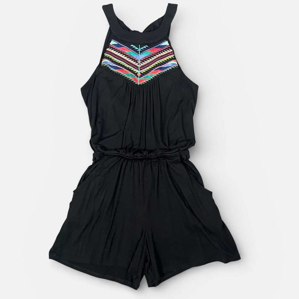 Mimi Chica Black Boho Embroidered Halter Romper Aztec Size S